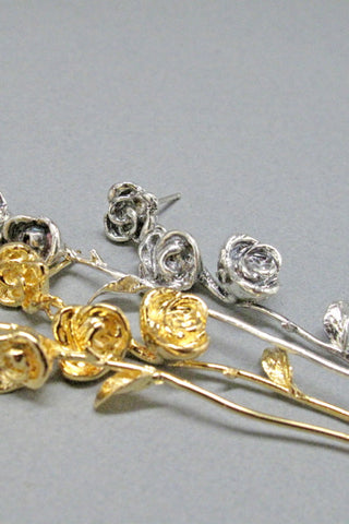 Harlequin&Lionhead handmade Long Stem Rose artisan earrings in sterling silver or gold plated